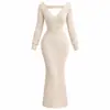 Vestido de Tricô Gola V Cross-Wear Europeu e Americano para Mulheres Outono Estação Independente Manga Longa Franzido Emagrecedor Bodycon Saia Longa