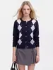 Cárdigan de punto de manga larga de alta gama en color azul marino con contraste de estilo francés para mujer, versátil, adelgazante y elegante para otoño y para ir al trabajo