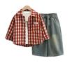 Meninos Internet Popular Moda Xadrez Camisa Conjunto de Três Peças 2025 Novo Moda Legal Bebê Infantil Casual Terno Roupas da Moda