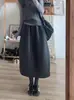Falda de lana gris oscuro con estampado floral, falda midi casual de mezcla de lana de cintura alta elástica para mujer Otoño/Invierno