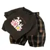 Conjunto de Verão de Algodão Puro de Manga Curta, Novo Estilo de Verão para Meninas e Bebês, Roupa Fina, Conjunto de Duas Peças com Camiseta e Calça Cropped