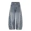 Calça jeans masculina com barra curva desgastada e estampa de estrelas, estilo punk lavado, marca da moda, com fita tecida e design de três listras, calça larga solta