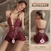 Lencería Sexy Manyan de Escote en V Profundo Atractivo Encaje Hueco Doble Línea Abertura en la Entrepierna Body Vestido Corto 1915