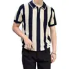 Camisa de Malla con Cortes Rayas en Contraste Estilo Coreano 2025 para Hombre Verano Estilo Casual Ligero Maduro Tejida de Punto Mangas Cortas Paul