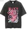 Tamanho Europeu Transfronteiriço Camiseta Masculina de Manga Curta Lavada Vintage Desenho Animado Anime Estilo Dark High Street Europeu e Americano Camiseta Curta Masculina