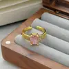 Anel Aberto Vintage com Pedra Zircônia Rosa Nicho Luxo Leve High-End Anel Empilhável Totalmente Cravejado de Diamante para Mulheres