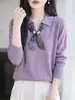 Suéter de Tricô de Lã Fina com Gola Lapela Manga Longa Cachecol Pulôver Solto Camisa Base Top para Mulheres Outono/Inverno 2026