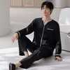 Pijama masculino de seda gelada, cardigã de outono e inverno, manga longa, calça longa, cor sólida, casual, tamanho grande, moderno, roupa de casa de alta qualidade