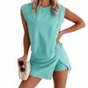 Traje Casual de Moda de Color Puro para Exportación Transfronteriza para Mujer Verano 2025 Nuevo Camiseta de Algodón Puro de Manga Corta Pantalones de Tres Cuartos Dos Piezas
