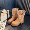 Botas de moda patchwork de tacón grueso de cuero sintético hasta la mitad de la pantorrilla, botas de montar apiladas, botas retro de lona de moda para mujer, versátiles con hebilla metálica