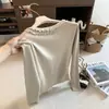 Suéter tejido de estilo coreano con cuello en V suave y ribete de volantes, corte ajustado, principios de otoño, manga larga, con botones de imitación, efecto adelgazante, top básico