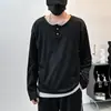 Sudadera casual de ajuste regular, moderna para primavera y otoño, holgada, de dos piezas falsas, con cuello Henry, manga larga, camiseta para hombre para otoño e invierno