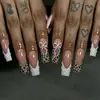 Modelo de Venda Quente para Comércio Exterior: 24 Peças Unhas Postiças Retangulares com Laço 3D em Relevo Estampa Leopardo Francesa Menina Spicy Venda por Atacado