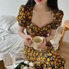Vestido Artístico Retrô Francês Transfronteiriço Feminino Verão 2024 Estilo Corte Amarelo Floral Manga Bolha Cintura Apertada Tendência