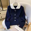 Nuevo Suéter de Punto con Cuello de Muñeca para Mujer de Primavera y Otoño con Lazo de Encaje, Top Estilo Francés en Blanco y Gris, Talla Única