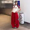 Calças de paraquedista com estampa de leopardo estilo americano e bordado de estrela para mulheres, soltas, casuais, modeladoras, versáteis, de perna larga, corte reto, calças casuais em vermelho
