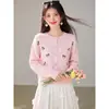 Cardigan de tricô com mangas compridas e bordado de laço redutor de idade, outono, estilo coreano, solto, emagrecedor, peça de cima para usar por cima
