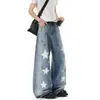 Jeans de Graffiti Estrella de la Calle Alta Americana para Hombre y Mujer Otoño Nuevo Street Pierna Recta Holgada Pierna Ancha Pantalones Largos hasta el Suelo
