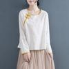 Sudeste Asiático Transfronterizo Primavera y Verano Talla Grande Suelto Elegante Casual Literario Retro Algodón y Lino Cuello Redondo Manga Larga Top de Color Puro