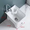 Fregadero de balcón para mopa con reposapiés, lavabo para fregar mopas, lavabo con desagüe lateral y cesta escurridora, drenaje automático, cerámica