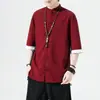 Camisa Masculina de Linho com Fivela Manga Curta Estilo Chinês Verão Masculina Meia-manga Traje Tang Estilo Antigo Algodão e Linho Hanfu Terno Zhongshan Chinês