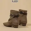 Botines de punta estilo retro de piel genuina, nueva colección otoño 2026, con plantillas interiores para aumentar la altura, botines cortos, botas vaqueras western para mujer