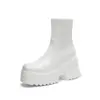 34-43 Outono/Inverno Botas Curtas Femininas de Couro Patente Bico Redondo Impermeável Plataforma Salto Alto Zíper Lateral Botas de Equitação de Salto Alto de Couro Patente