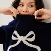 Suéter de Lana Pura para Mujer con Cuello Redondo, Manga de Siete Puntos, Tejido Jacquard Grueso con Lazo, Rojo de Año Nuevo, Holgado
