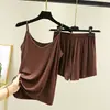 Nuevo conjunto de pijama de algodón modal fino de verano, camisola de cuello en V y shorts conjunto de dos piezas para casa