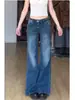 Jeans boca de sino retro vintage americano de cintura baixa para mulheres, solto e com caimento, extra-longo para pessoas altas, calças compridas até o chão