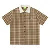 Novedad de Verano Camisa de Manga Corta a Cuadros Bloque de Color con Cuello Americano Retro para Hombres y Mujeres Camisa Suelta Casual Dropshipping