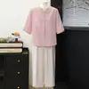 Nuevo conjunto de dos piezas estilo chino para el Día de la Madre de verano, con chaqueta abotonada, top abotonado para mujeres de mediana edad y mayores