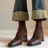 Botines retro franceses de patchwork marrones elásticos ajustados para mujer, punta cuadrada, cremallera trasera, tacón alto, botines calcetín para mujeres petite