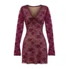 Vestido Longo com Decote V, Laço e Renda, Estilo Pura Luxúria, Outono Novo, Cintura Alta, Justo, Sexy, Saia Evasê