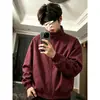 Chaqueta holgada de estilo urbano Americano color rojo vino con cuello mao, aspecto desgastado, genial, funcional, para hombre, prenda exterior casual de otoño e invierno