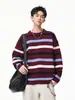 Suéter de Punto Texturizado a Bloques de Color Rayado Estilo Retro Americano para Hombre, Otoño Estilo Perezoso Sensación Holgada Suéter de Punto de Cuello Redondo para Parejas