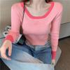 Camiseta Rosa de Manga Longa Slim Fit Nova Primavera 2025 Camisa Básica de Tricô para Mulheres no Outono e Inverno com Top Curto de Cintura Alta