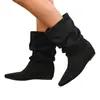 072-10 Botines Cortos Plisados de Ante Sintético para Mujer, Punta Fina, Tacón Oculto, Tacón de Cuña, Estilo Western, Botas para Mujer de Talla Grande, Botas de Ajuste Delgado