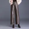 Moda Nueva Otoño e Invierno Pantalones de Pierna Ancha de Cuero PU de Cintura Alta para Mujer Holgados con Caída Elegantes Pantalones Casuales con Terciopelo Adicional Pantalones Cortos Modernos