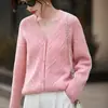 Cárdigan de Lana 100% de Estilo Holgado para Mujer, Cuello en V, Tejido de Trenzas, Agradable al Tacto, Suave, Cálido, Prendas de Punto, Suéter Abrigo a la Moda