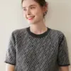 Suéter Color Block com Gola Redonda, Camisa Base Elegante, Manga Curta, Emagrecimento, Caimento Solto, Estilo Outono e Inverno, Suéter de Cashmere Sarjado para Mulheres, Novo Modelo