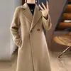 Casaco de lã liso de abotoamento duplo transfronteiriço para mulheres, estilo elegante longo de outono e inverno, peça externa justa no corpo até o joelho, atacado