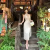 Vestido largo de tirantes con lunares, escote pronunciado, estilo europeo y americano, puro deseo, con cinta, sin espalda, para noche, chica atractiva, vestido largo de playa para vacaciones en la isla