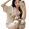 Pijama de manga corta y pantalón largo transfronterizo nuevo para mujer, colección primavera/otoño/verano 2026, talla grande, corte holgado, con patrones en relieve y adorables diseños de dibujos animados, adecuado para ropa de estar