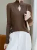 Suéter chino vintage para mujer, cuello alto, color liso, botones, hueco, corte ajustado, adelgazante, lana peinada, tejido fino, manga larga