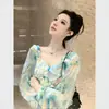 Camisa de Chiffon Snow Floral de Menta Mambo Francês Feminina Design de Primavera Verão Gravata Borboleta Cinto de Amarração Cintura Marcada Top Dopamina