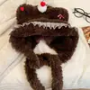 Gorro de peluche con lazo de orejas de oso para mujer, a prueba de viento, resistente al frío, protege los oídos, cálido, con doble cordón, lindo