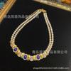 Collar de Perlas Doble Acristalado con Forma de Hoja de Oro Cálido de 18K con Incrustaciones de Lapislázuli Azul, Chapado en Cobre Antiguo del Oeste, Pesado