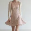 Estilo Puro y Fresco, Nuevo Vestido Corto de Verano Dulce y Suave Rosa y Blanco Floral con Tirantes que Ceñen la Cintura, Vestido Adelgazante
