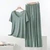 Conjunto de Pijama de Dos Piezas para Mujer, Color Liso Delgado, Talla Grande, para Primavera y Verano, Modal, Cuello en V, Manga Corta, Pantalones de Pierna Ancha, Ropa de Casa